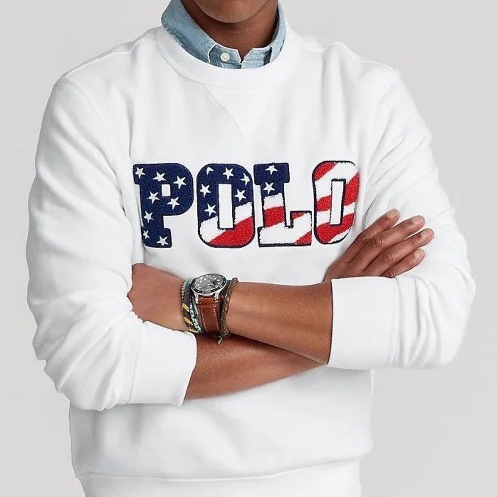 Polo Ralph Lauren Cream‎ Sweatshirt American Flag Chenille Patch Size L